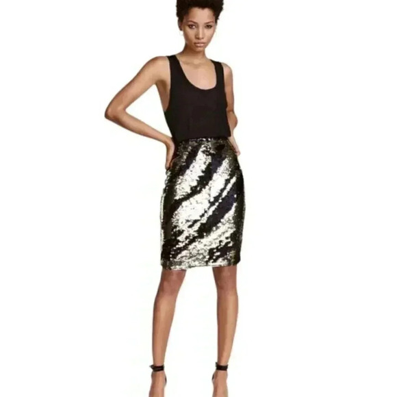 NWT H&M Metallic Gold Black Sequin Skirt  Color Changing Size 4 - Picture 2 of 13